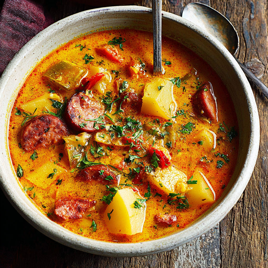 A bowl of Spanish potato soup with chorizo.