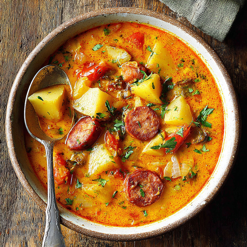 A bowl of Spanish potato soup with chorizo.