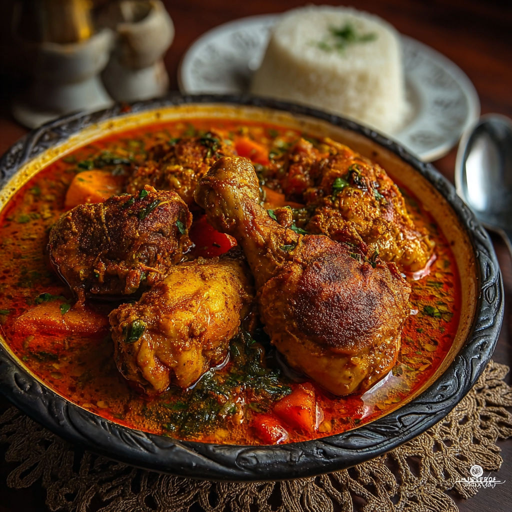 A bowl of soup with chicken and vegetables.