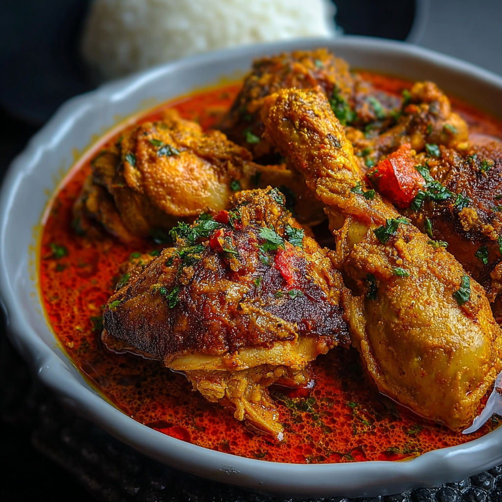 A bowl of chicken with a red sauce.