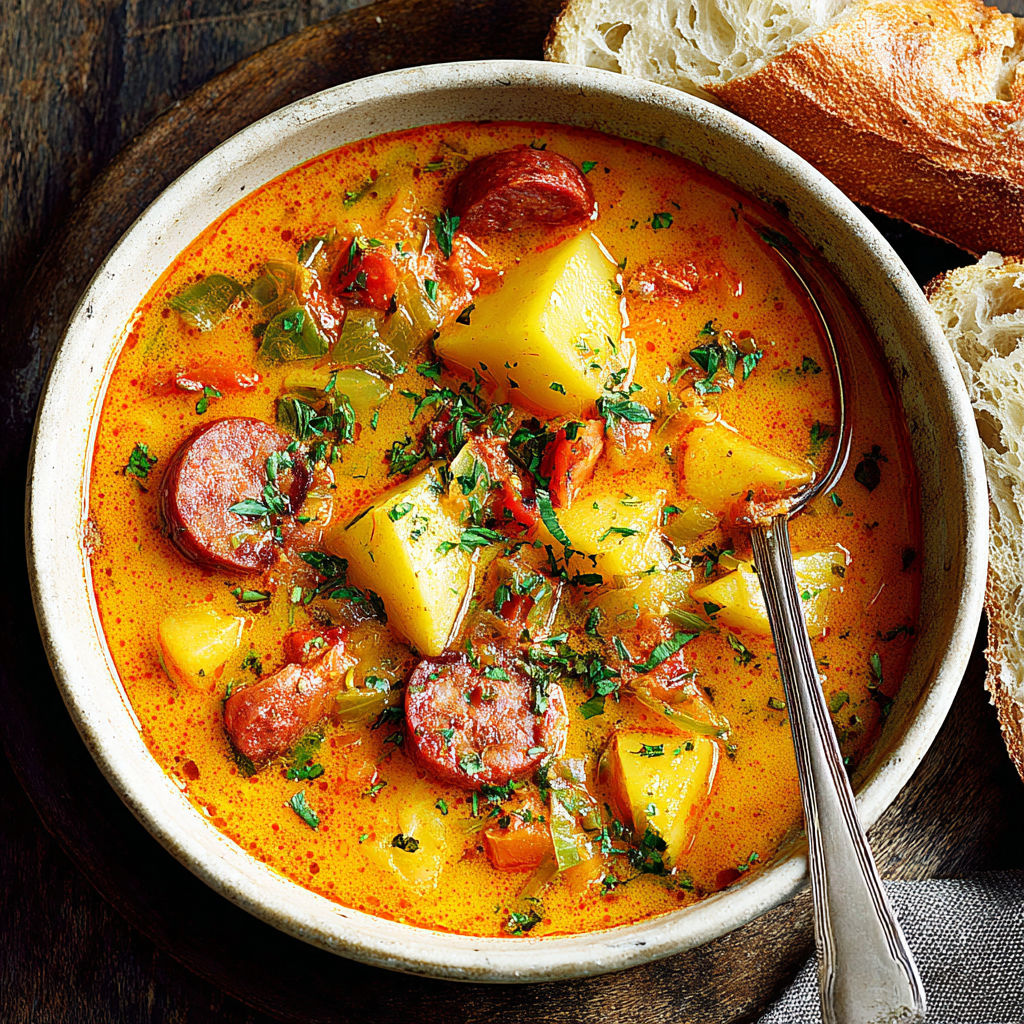 A bowl of Spanish potato soup with chorizo.