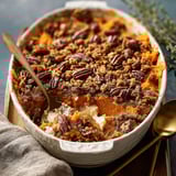 A white bowl filled with a sweet potato casserole.