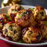A plate of stuffing balls with cranberries on top.