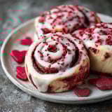 Three red velvet cinnamon rolls with red hearts on a plate.