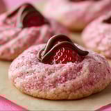 A cookie with a strawberry on top.