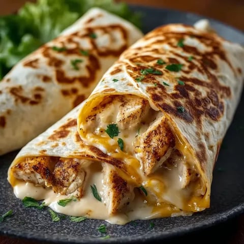 A plate of cheesy garlic chicken wraps.