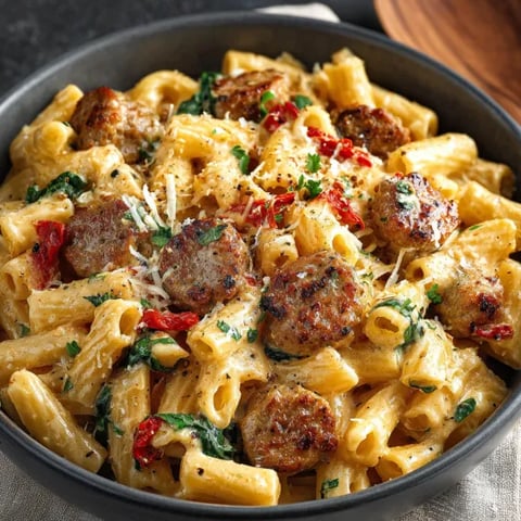 A bowl of creamy Tuscan sausage pasta.