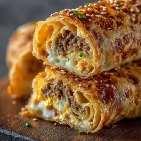 A cheese and egg roll-up on a wooden table.