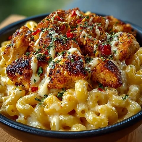 A bowl of creamy honey pepper chicken mac and cheese.