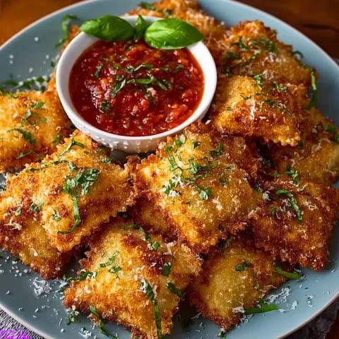 A plate of crispy fried ravioli with marinara sauce.