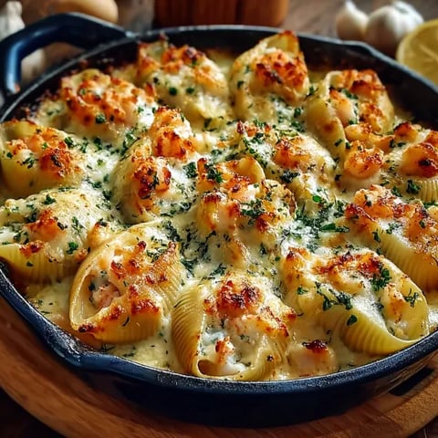 A pan of creamy seafood stuffed shells.