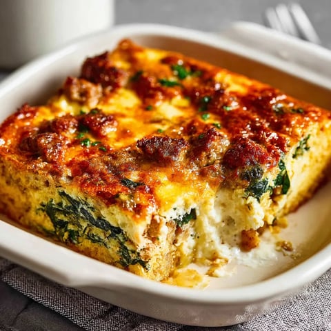 A slice of sausage and spinach breakfast casserole.