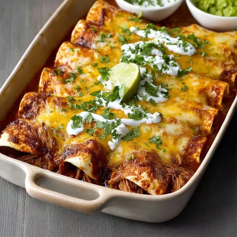 A dish of Carnitas Pork Enchiladas.