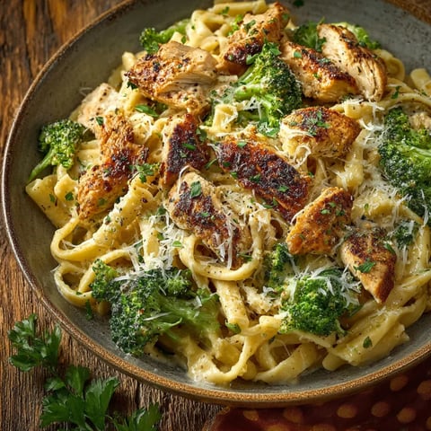 A bowl of chicken and broccoli alfredo.
