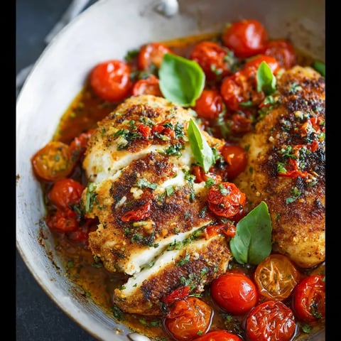 A pan of mozzarella stuffed chicken with tomatoes.