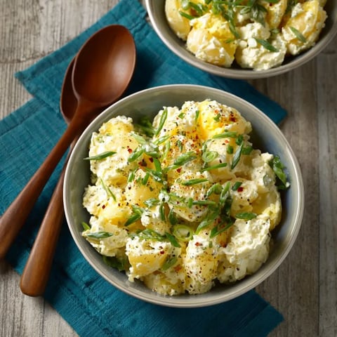 A bowl of potato salad with green onions and peppers.