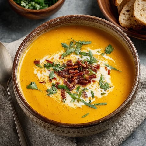A bowl of pumpkin bisque with bacon bits on top.