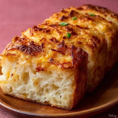 A slice of soft cheesy onion bread.