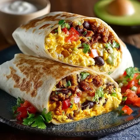 Two burritos filled with eggs, beans, and tomatoes.