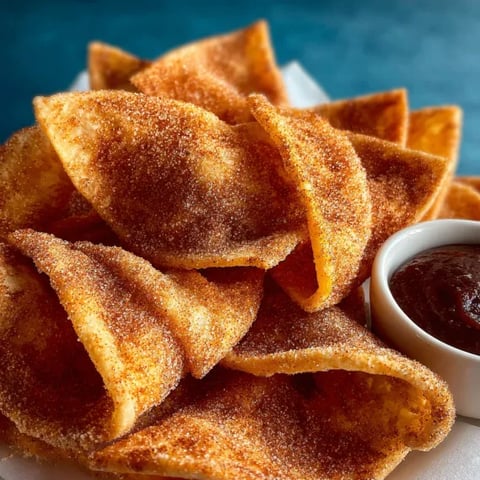 A plate of churro chips with chocolate sauce.