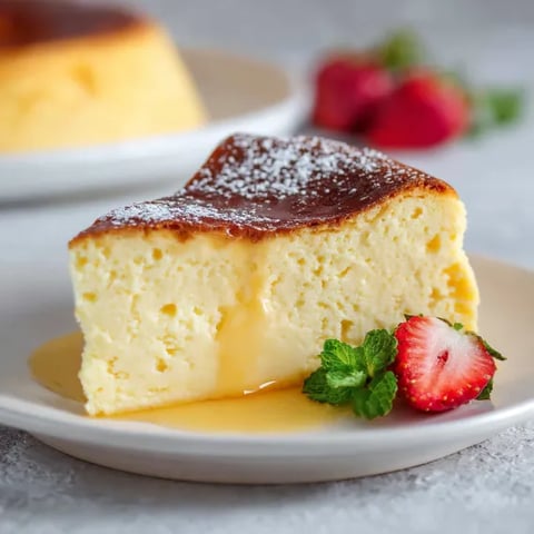 A slice of Japanese cheesecake with strawberries and mint.