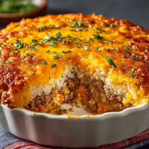 A cheesy ground beef and rice casserole.