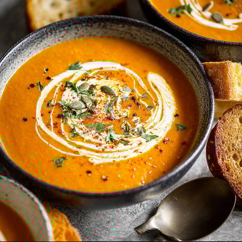 A bowl of pumpkin tomato soup with a spoon in it.