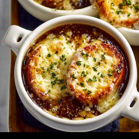 A bowl of French onion soup with bread.