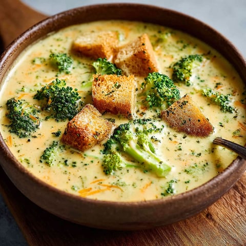 A bowl of soup with broccoli and bread.