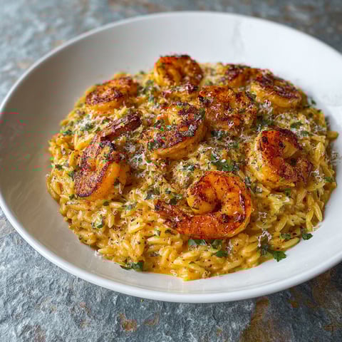 A plate of Creamy Cajun Shrimp Orzo.