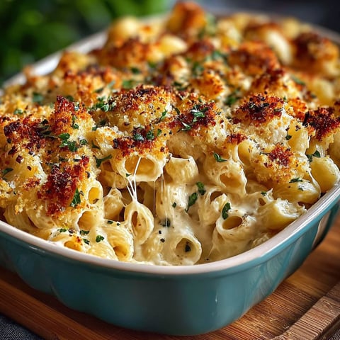 A dish of creamy garlic parmesan pasta bake.