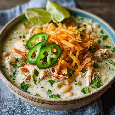 A bowl of chicken chili with a slice of jalapeno on top.