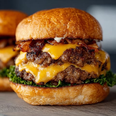 Two ultimate crack burgers on a table.