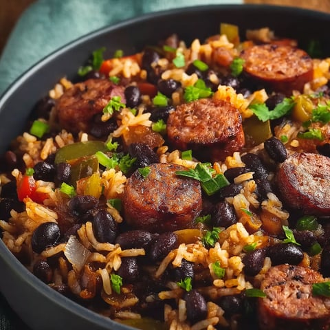 A bowl of hearty black beans and rice with sausage.