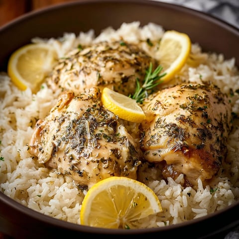 A bowl of chicken and rice with lemon wedges on top.