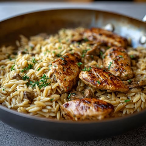 A pan of Marsala Chicken Orzo.