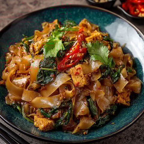 A bowl of Thai drunken noodles with vegetables and meat.
