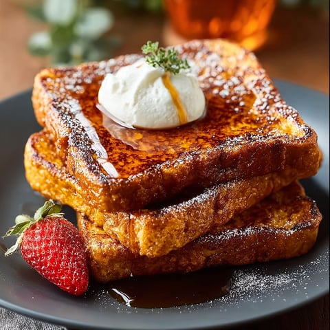 A stack of French toast with a strawberry on top.