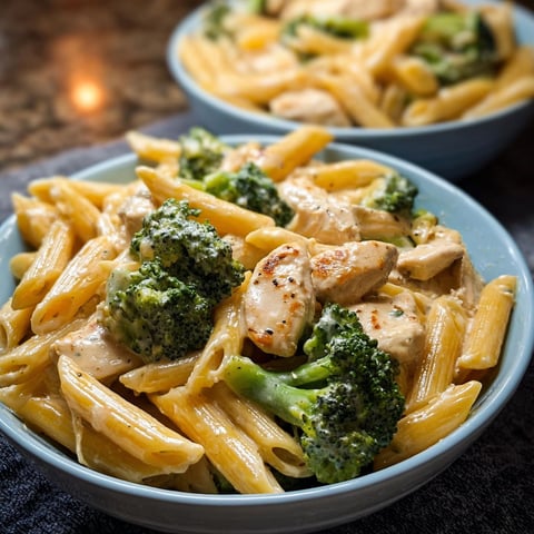 A bowl of creamy chicken and broccoli penne.