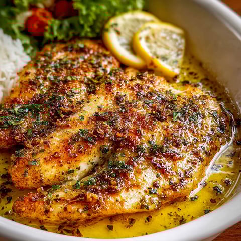 A plate of fish with garlic butter and lemon.