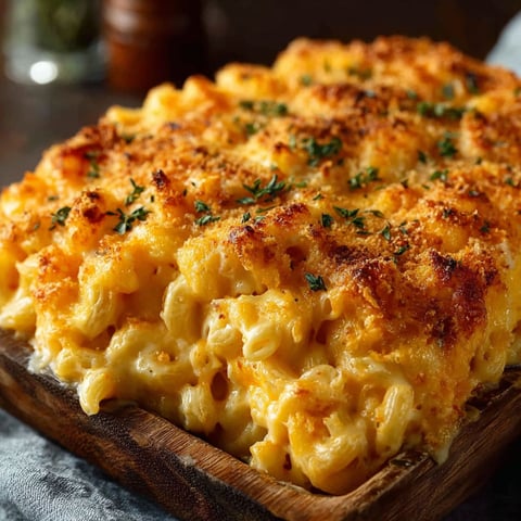 A baked mac and cheese dish with a golden brown crust.
