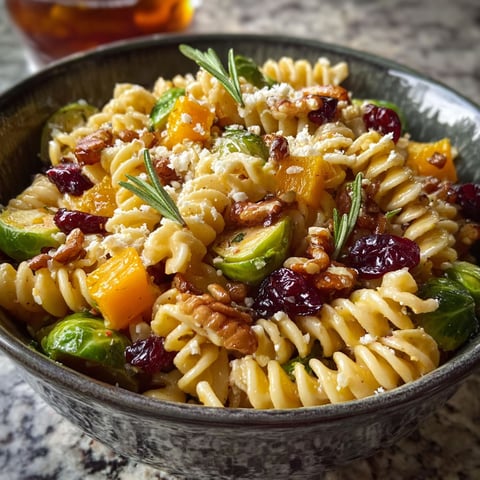 A bowl of pasta salad with vegetables and nuts.