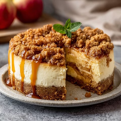 A slice of irresistible apple crumble cheesecake.