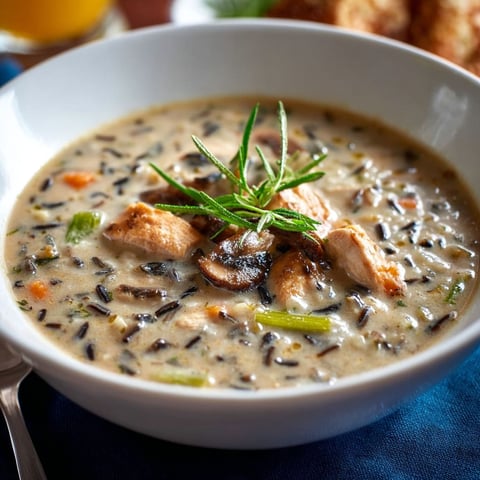 A bowl of creamy wild rice mushroom soup.