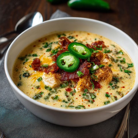 A bowl of soup with jalapenos on top.