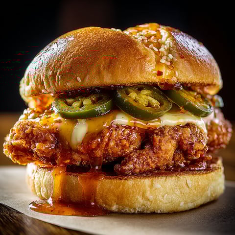 A jalapeno honey drenched crispy fried chicken sandwich.