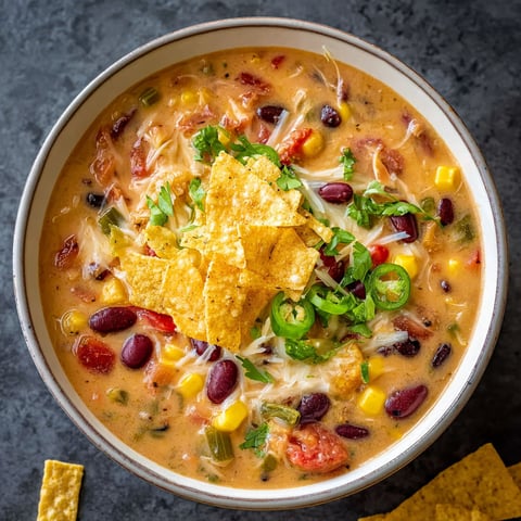 A bowl of creamy vegetarian tortilla soup.