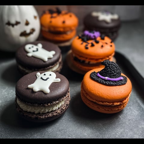 Three Halloween themed macarons with ghosts, pumpkins and witches on them.