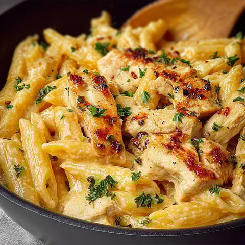 A bowl of pasta with chicken and herbs.