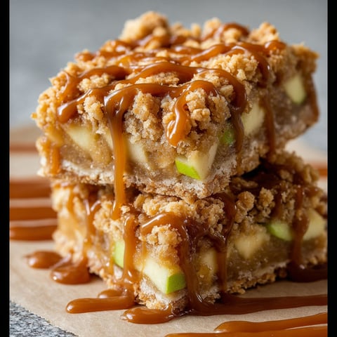 A close up of a delicious salted caramel apple crisp bar.